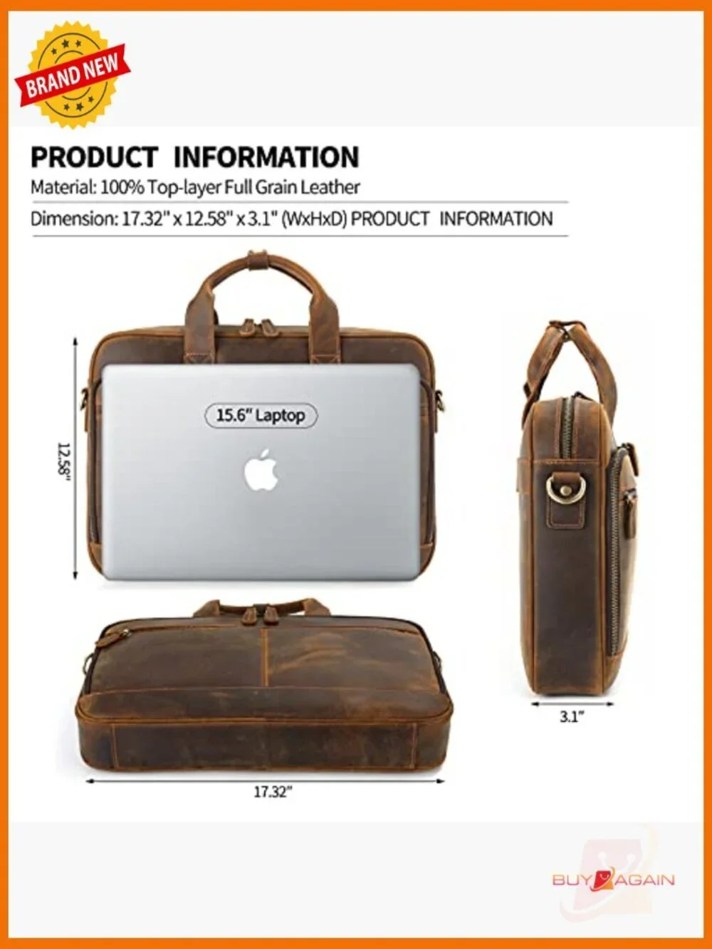 Full Grain Leather Laptop Messenger Bag Briefcase Fits 15.6 Inch